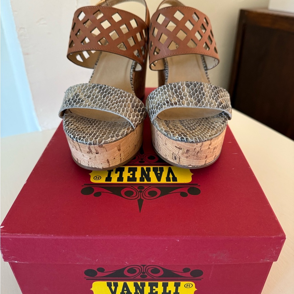 Vaneli Brown and Gray Platform Sandals with Lattice Design